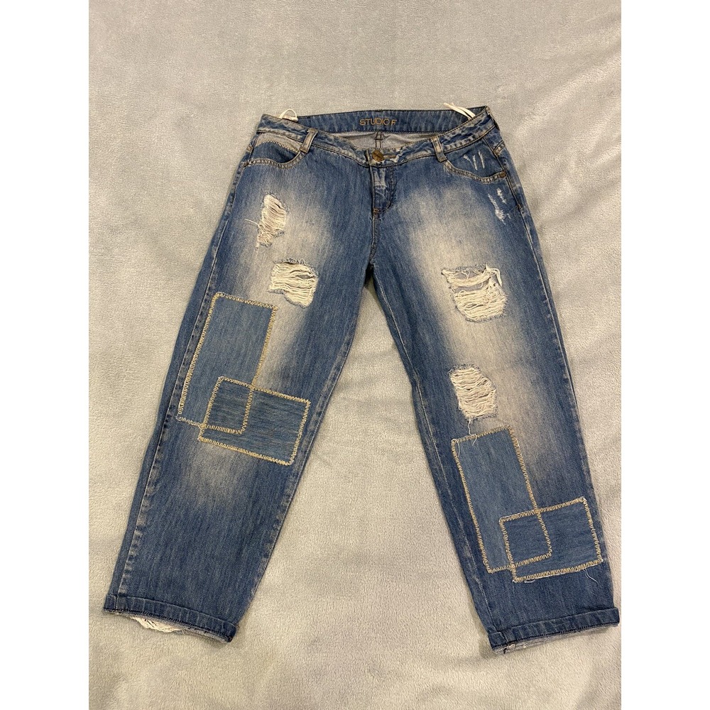 Womens Studio F Denim Blue Jeans Distressed Size 6 Patch PatternColumbia 30x22.5